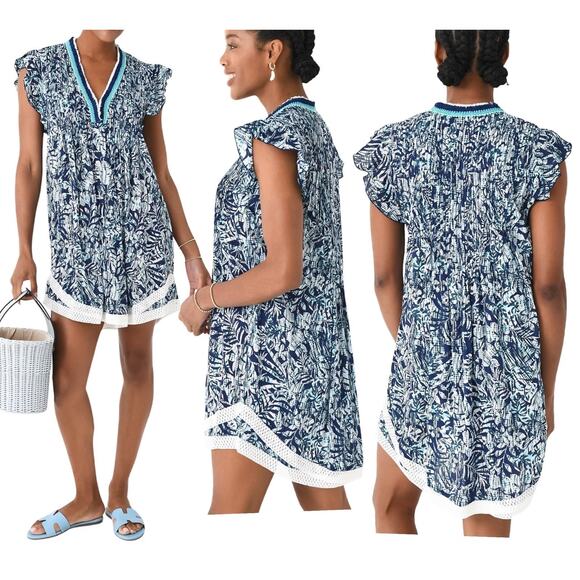 Poupette St Barth Sasha Mini Dress Coral Blue Fringe Trim Flutter Sleeve Large - Picture 1 of 13